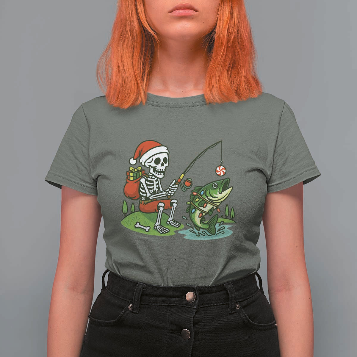 Christmas Skeleton Fishing T Shirt For Women Funny Holiday Gift - Wonder Print Shop