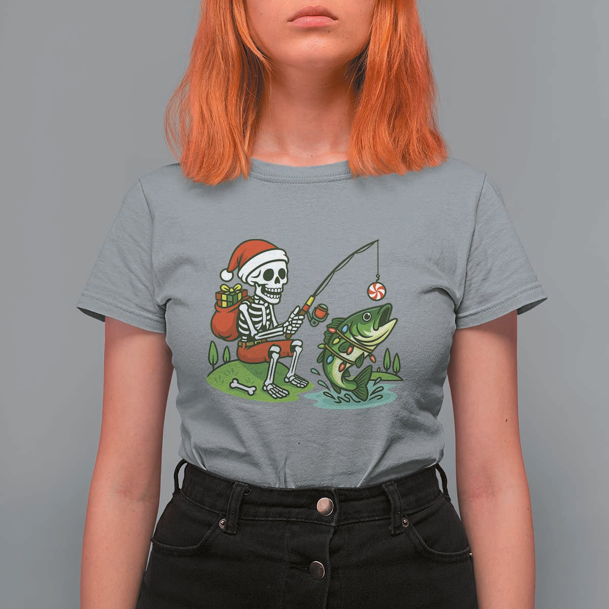 Christmas Skeleton Fishing T Shirt For Women Funny Holiday Gift - Wonder Print Shop