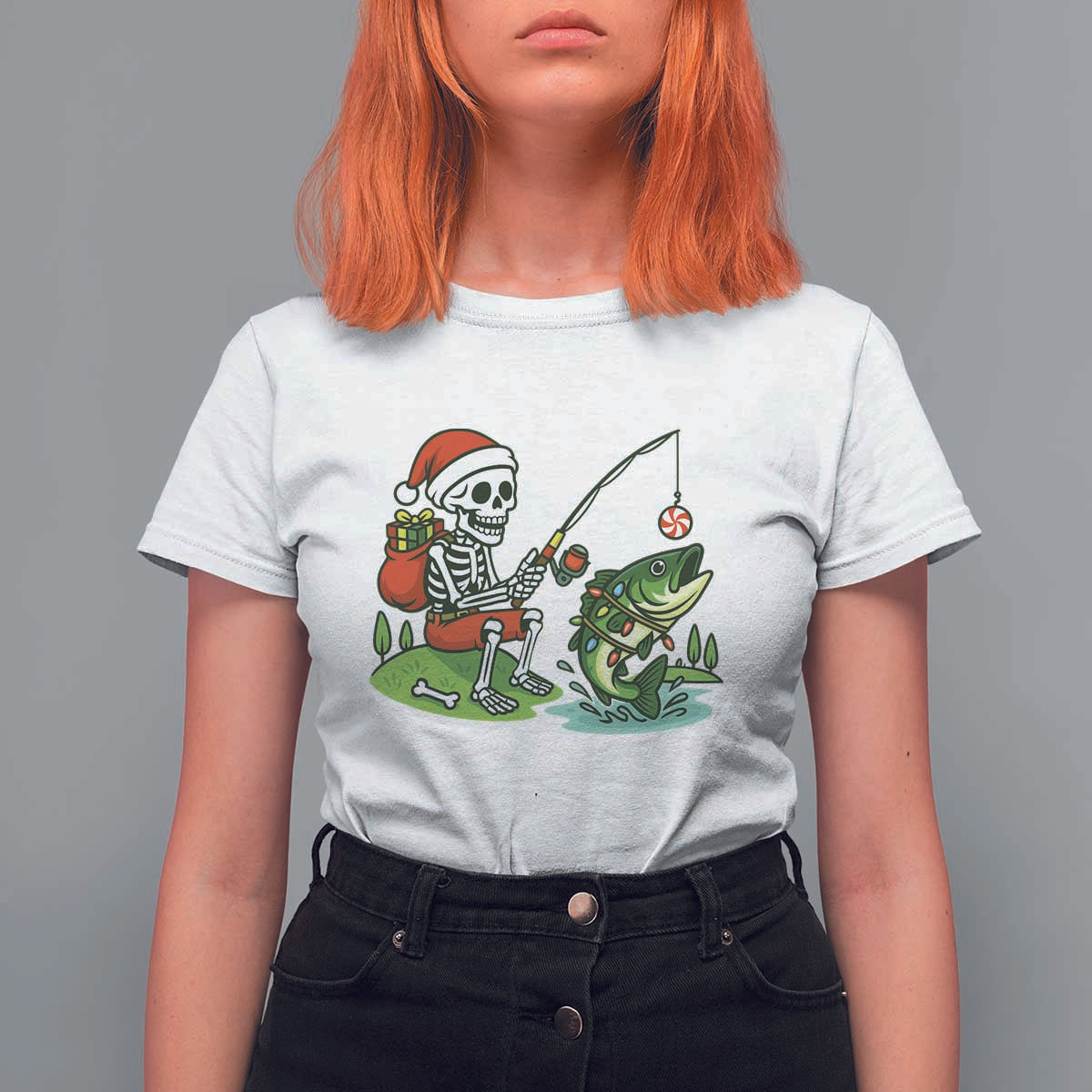 Christmas Skeleton Fishing T Shirt For Women Funny Holiday Gift - Wonder Print Shop