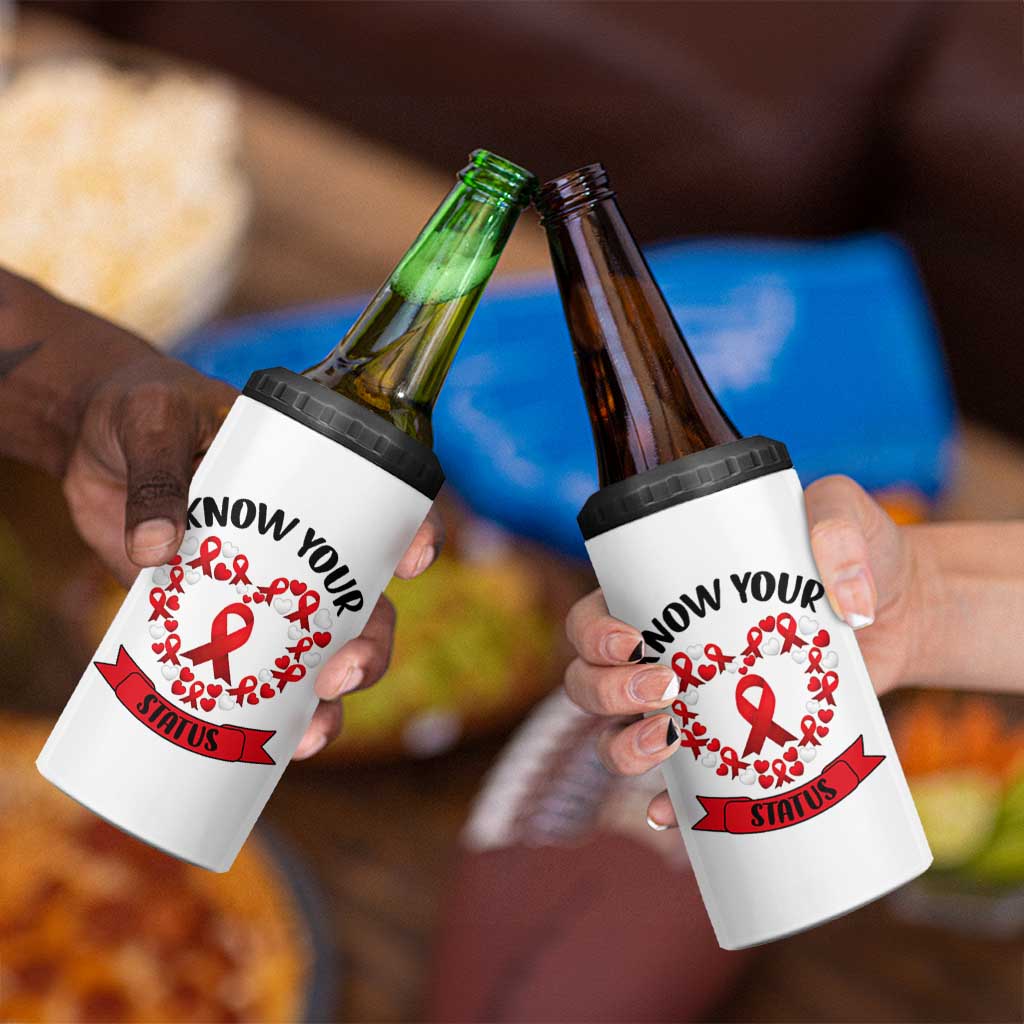 Know Your Status Red Ribbon HIV AIDS Awareness Support Month Gift 4 in 1 Can Cooler Tumbler - Wonder Print Shop