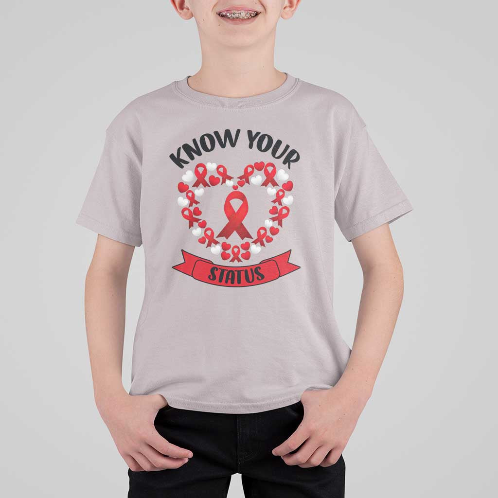 Know Your Status Red Ribbon HIV AIDS Awareness Support Month Gift T Shirt For Kid - Wonder Print Shop