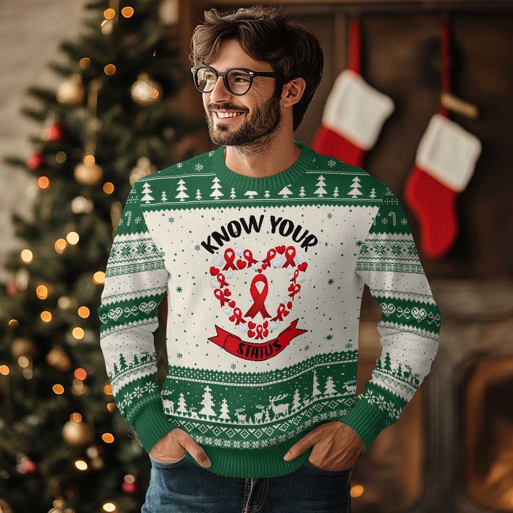 Know Your Status Red Ribbon HIV AIDS Awareness Support Month Gift Ugly Christmas Sweater - Wonder Print Shop