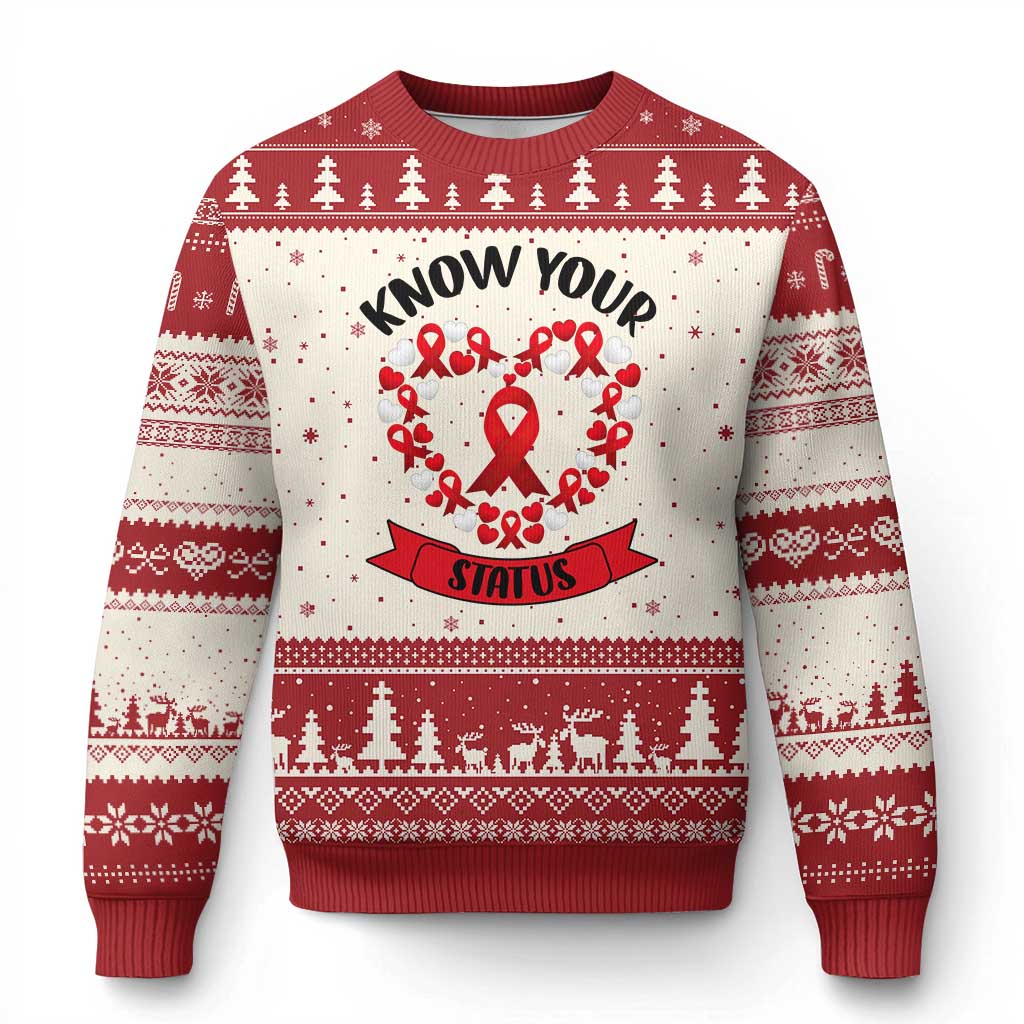 Know Your Status Red Ribbon HIV AIDS Awareness Support Month Gift Ugly Christmas Sweater - Wonder Print Shop