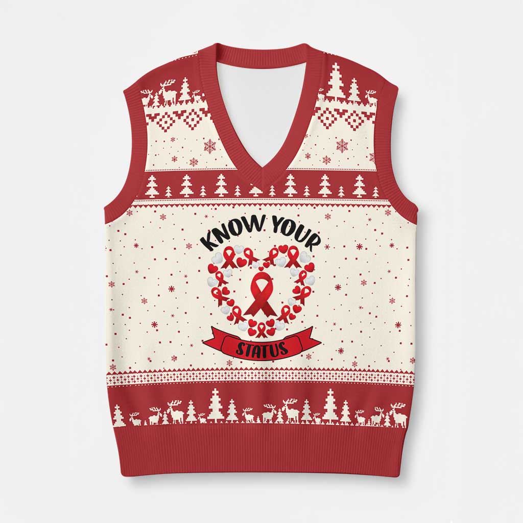 Know Your Status Red Ribbon HIV AIDS Awareness Support Month Gift V-Neck Knit Sweater Vest - Wonder Print Shop