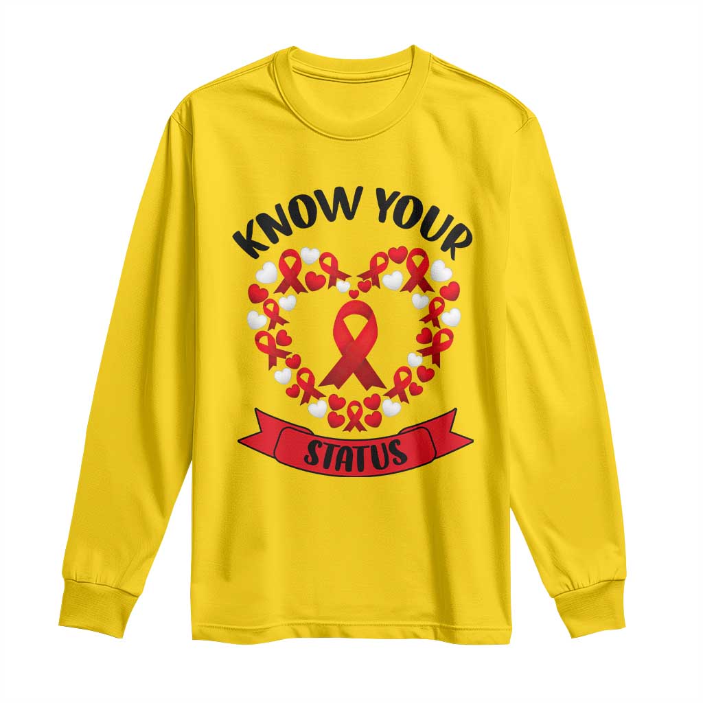 Know Your Status Red Ribbon HIV AIDS Awareness Support Month Gift Long Sleeve Shirt - Wonder Print Shop