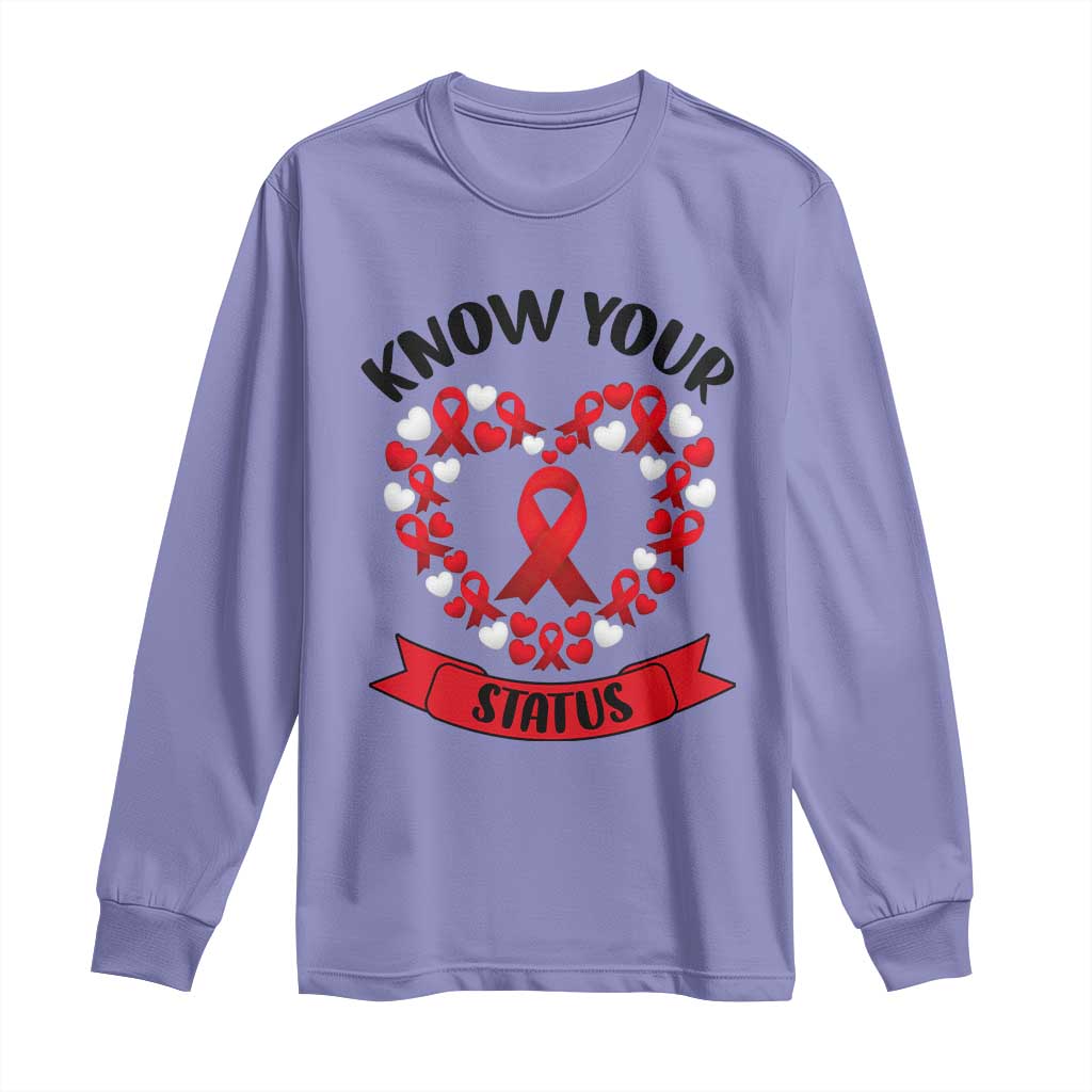 Know Your Status Red Ribbon HIV AIDS Awareness Support Month Gift Long Sleeve Shirt - Wonder Print Shop
