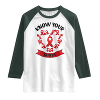 Know Your Status Red Ribbon HIV AIDS Awareness Support Month Gift Raglan Shirt - Wonder Print Shop