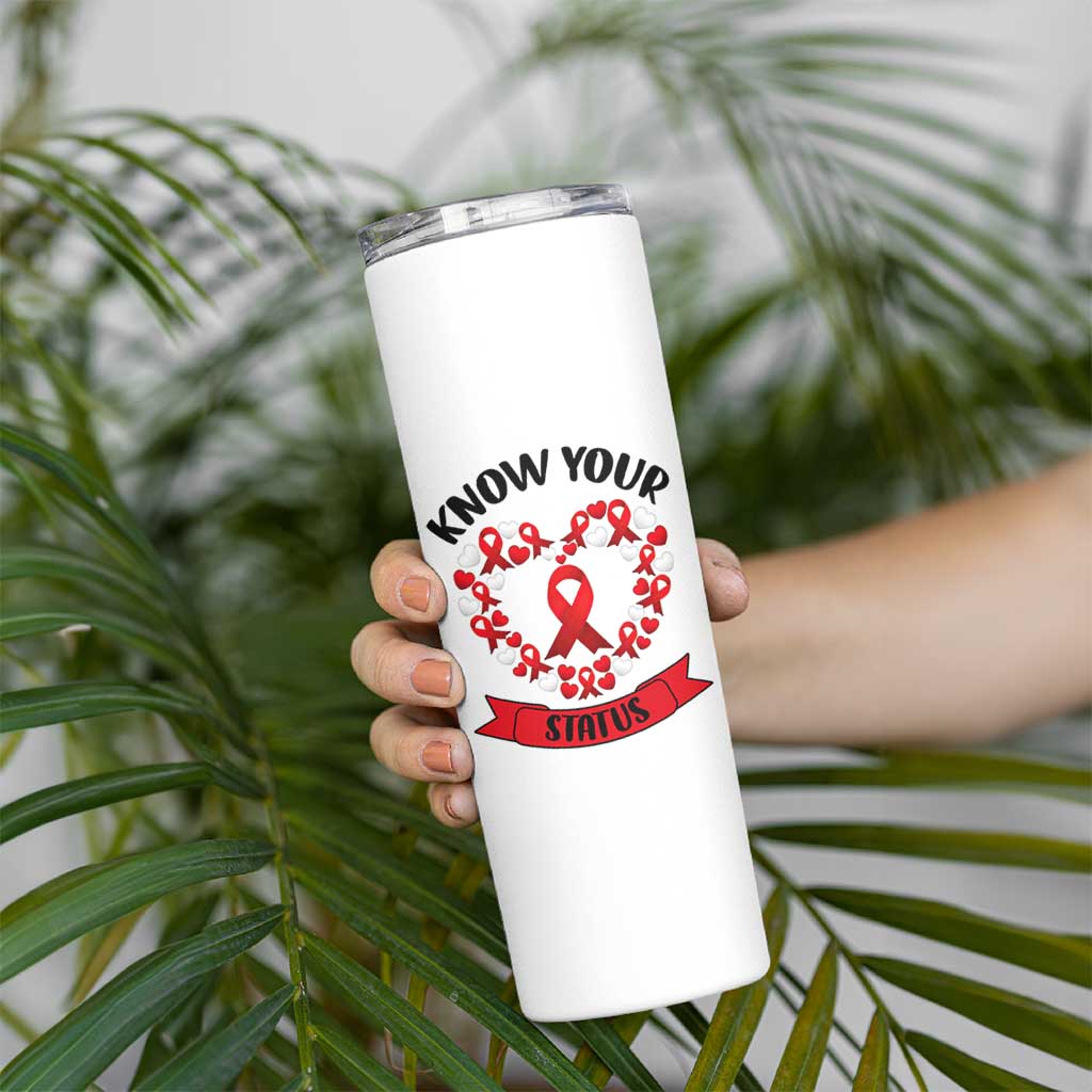 Know Your Status Red Ribbon HIV AIDS Awareness Support Month Gift Skinny Tumbler - Wonder Print Shop