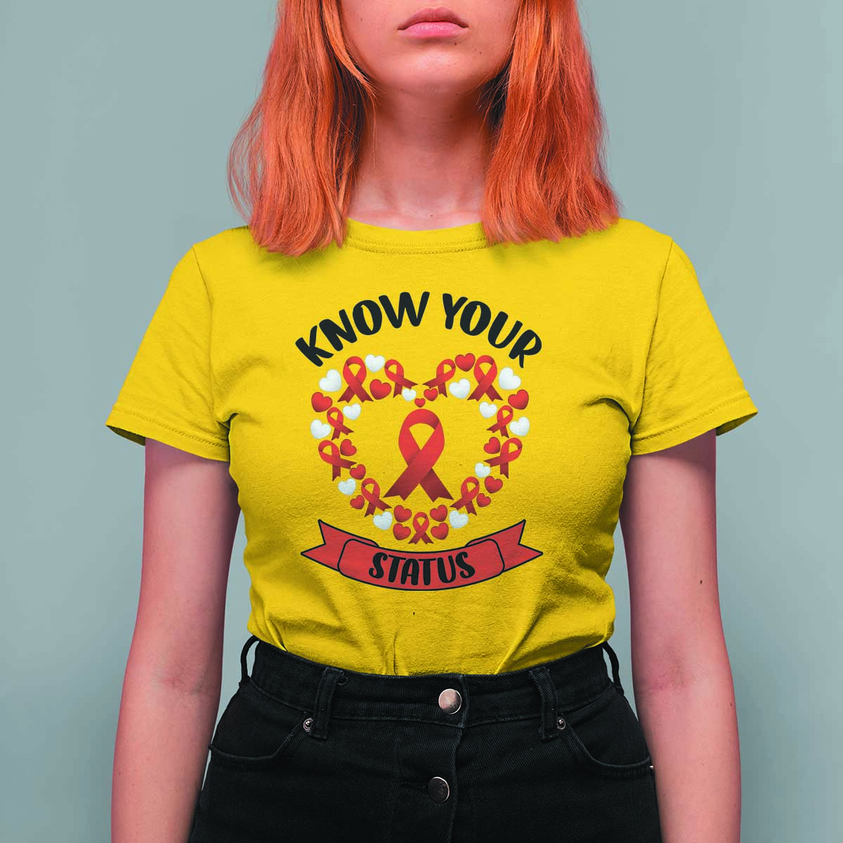 Know Your Status Red Ribbon HIV AIDS Awareness Support Month Gift T Shirt For Women - Wonder Print Shop