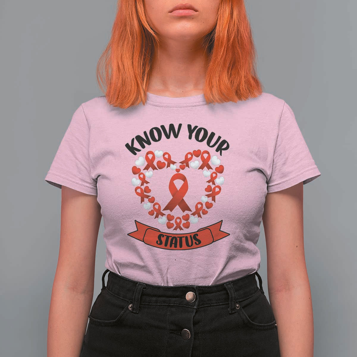 Know Your Status Red Ribbon HIV AIDS Awareness Support Month Gift T Shirt For Women - Wonder Print Shop
