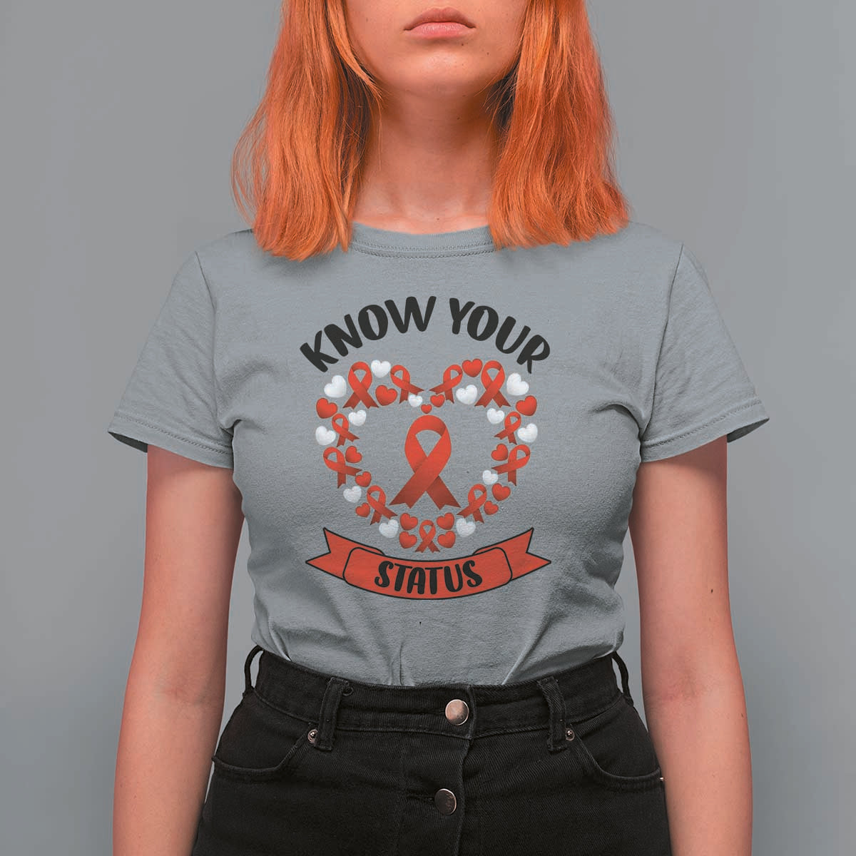 Know Your Status Red Ribbon HIV AIDS Awareness Support Month Gift T Shirt For Women - Wonder Print Shop
