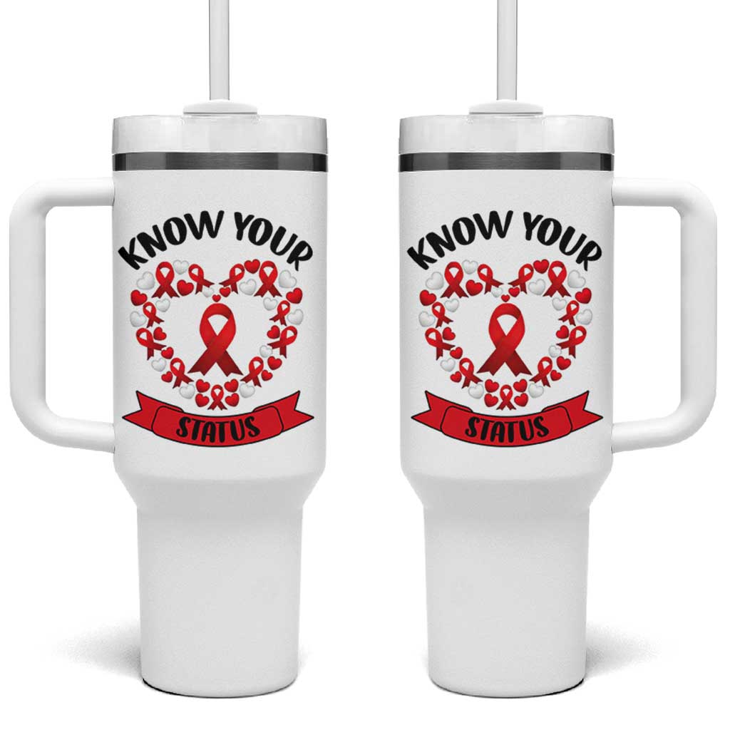 Know Your Status Red Ribbon HIV AIDS Awareness Support Month Gift Tumbler With Handle - Wonder Print Shop