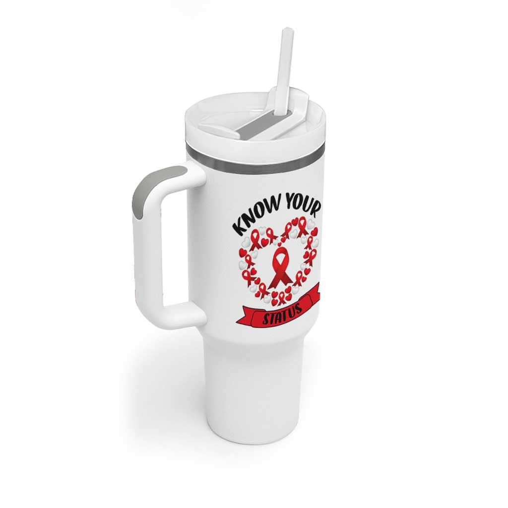 Know Your Status Red Ribbon HIV AIDS Awareness Support Month Gift Tumbler With Handle - Wonder Print Shop