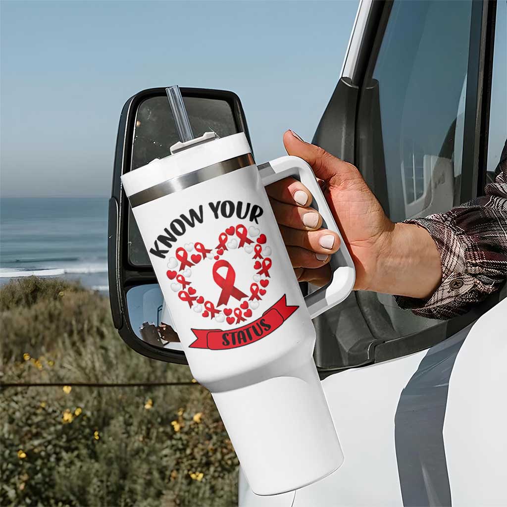 Know Your Status Red Ribbon HIV AIDS Awareness Support Month Gift Tumbler With Handle - Wonder Print Shop