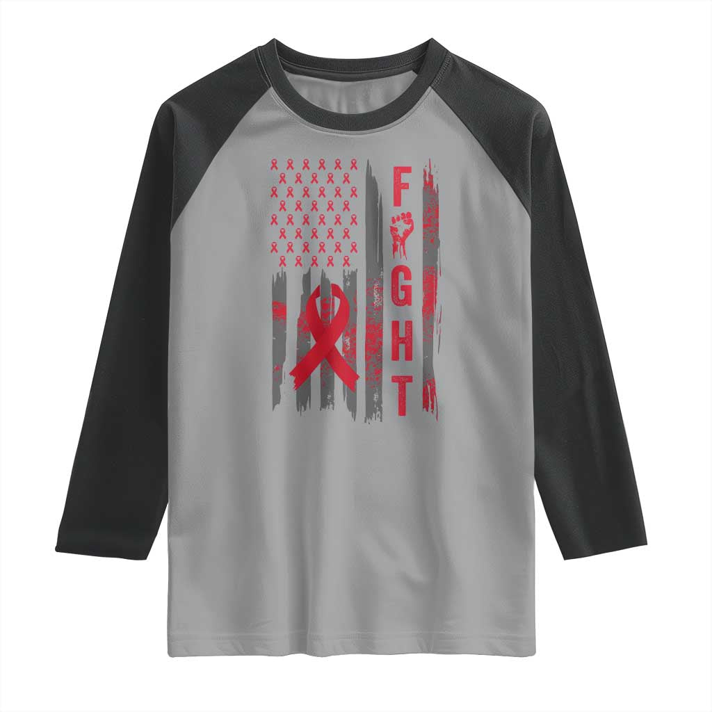 Fight For A Cure HIV AIDS Awareness Raglan Shirt Patriotic Red Ribbon Gift - Wonder Print Shop