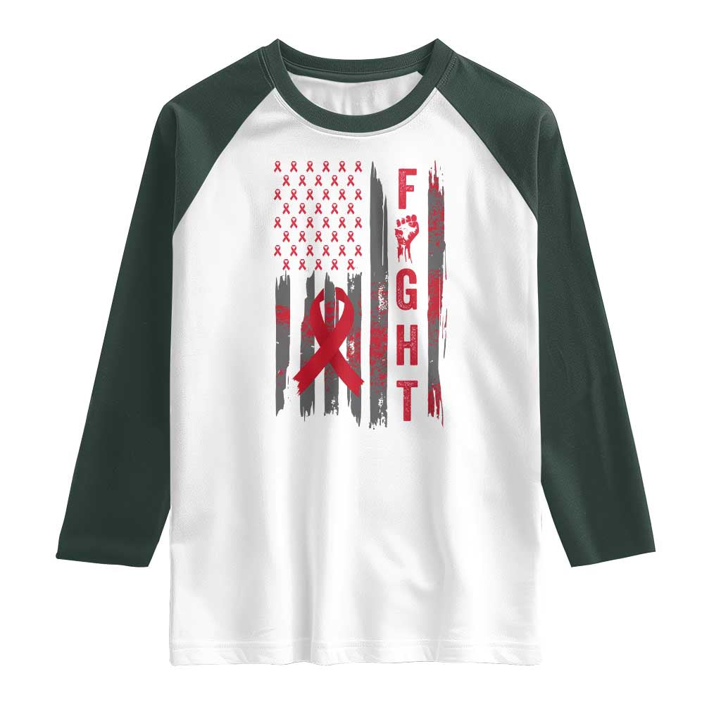 Fight For A Cure HIV AIDS Awareness Raglan Shirt Patriotic Red Ribbon Gift - Wonder Print Shop
