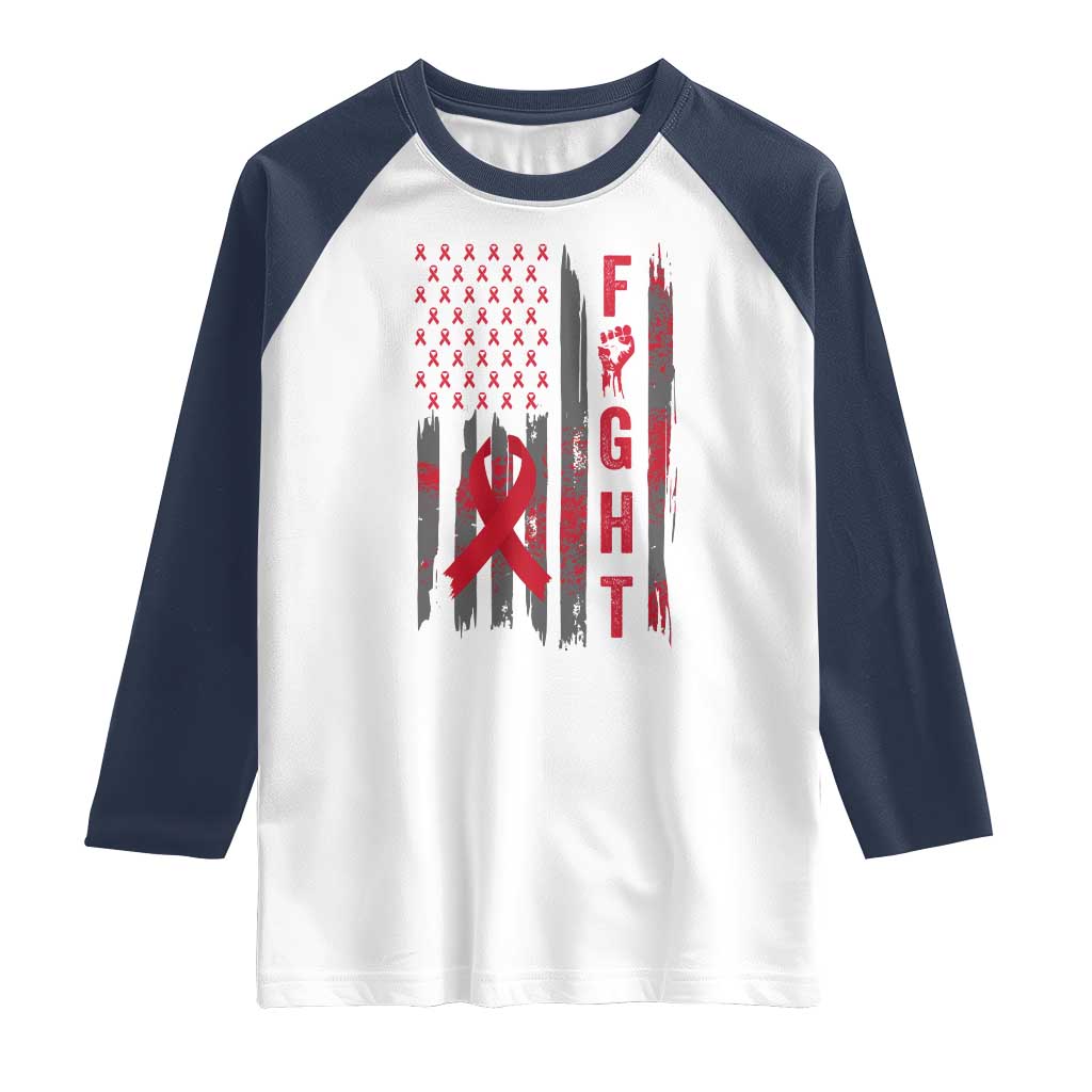Fight For A Cure HIV AIDS Awareness Raglan Shirt Patriotic Red Ribbon Gift - Wonder Print Shop