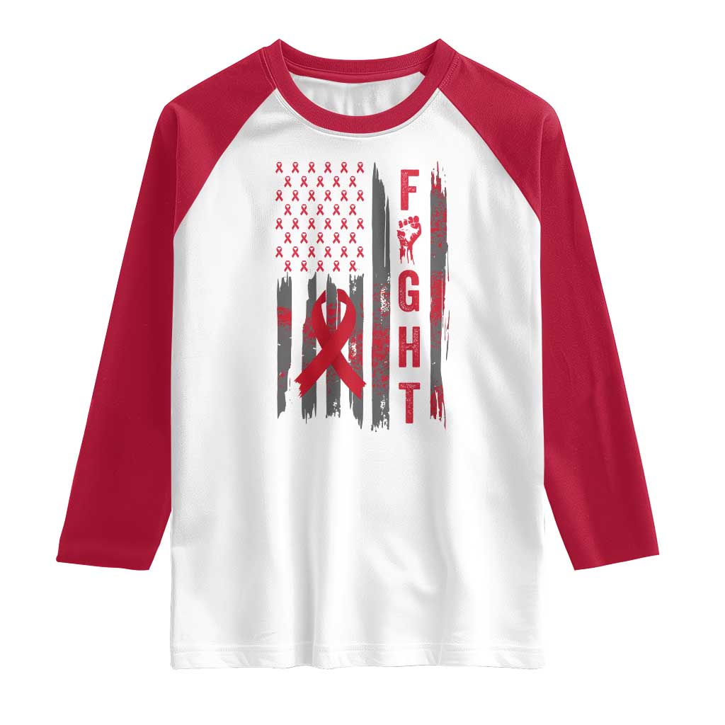 Fight For A Cure HIV AIDS Awareness Raglan Shirt Patriotic Red Ribbon Gift - Wonder Print Shop