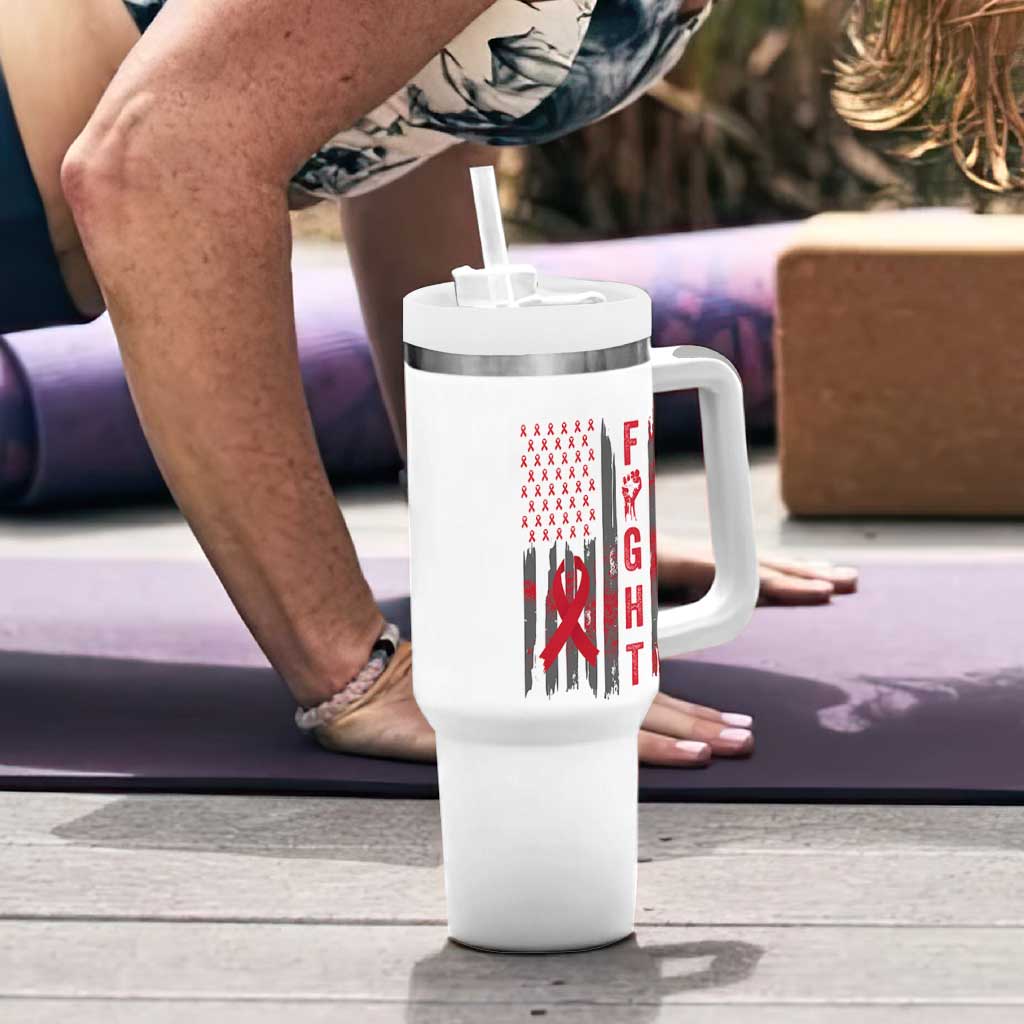 Fight For A Cure HIV AIDS Awareness Tumbler With Handle Patriotic Red Ribbon Gift - Wonder Print Shop