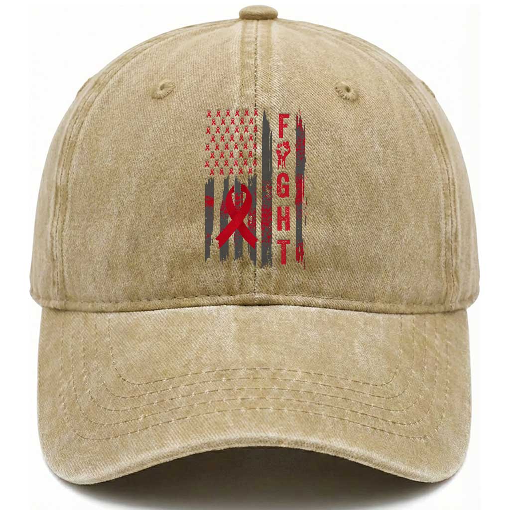 Fight For A Cure HIV AIDS Awareness Washed Cotton Baseball Cap Patriotic Red Ribbon Gift