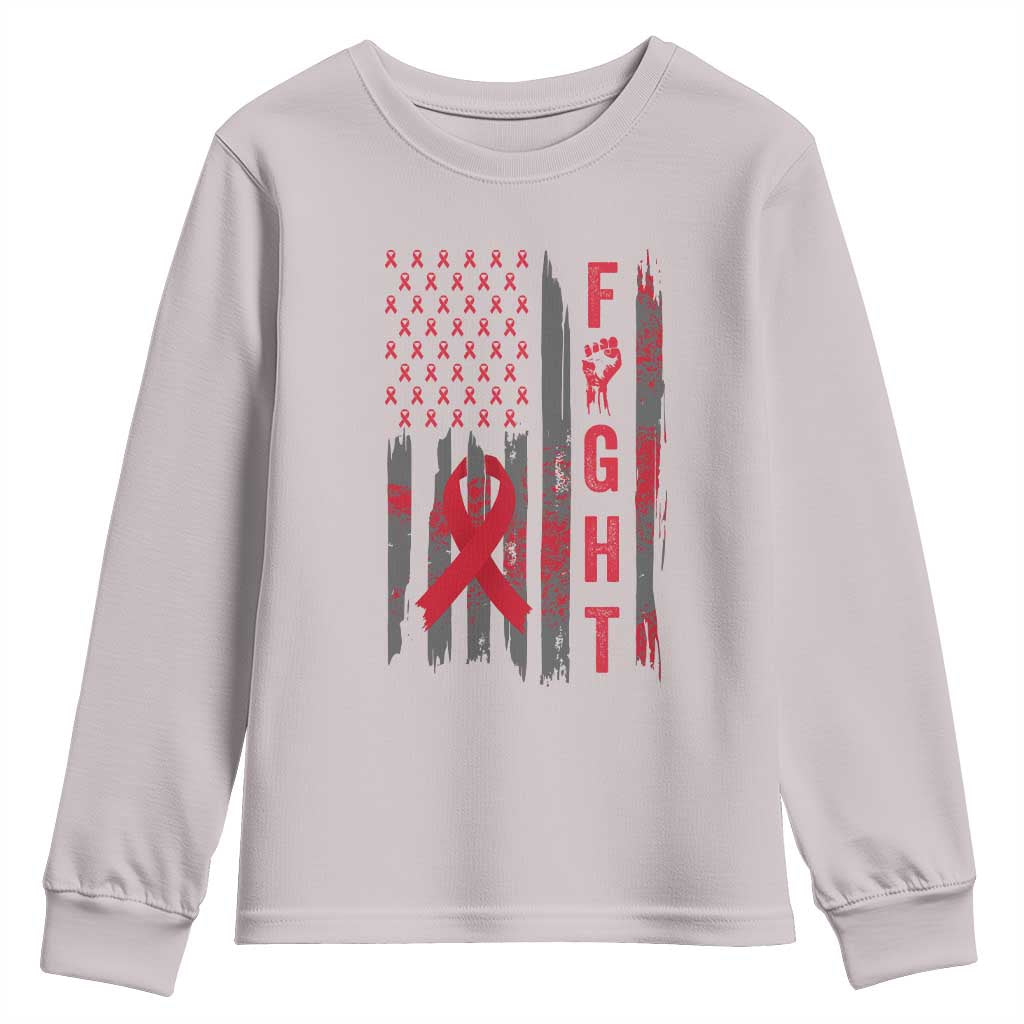 Fight For A Cure HIV AIDS Awareness Youth Sweatshirt Patriotic Red Ribbon Gift - Wonder Print Shop
