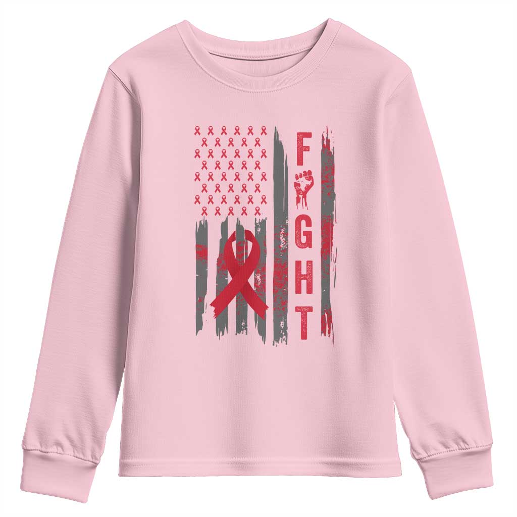 Fight For A Cure HIV AIDS Awareness Youth Sweatshirt Patriotic Red Ribbon Gift - Wonder Print Shop