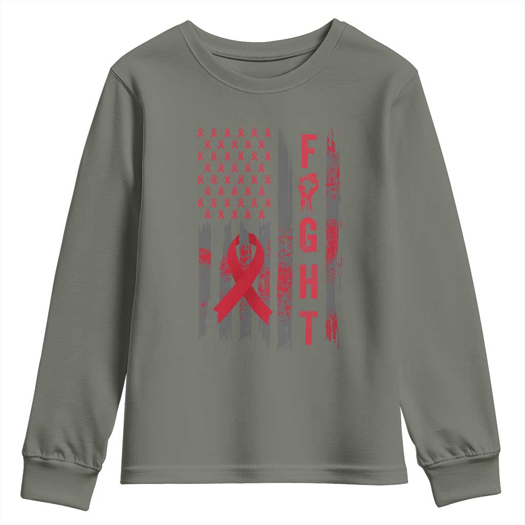 Fight For A Cure HIV AIDS Awareness Youth Sweatshirt Patriotic Red Ribbon Gift - Wonder Print Shop