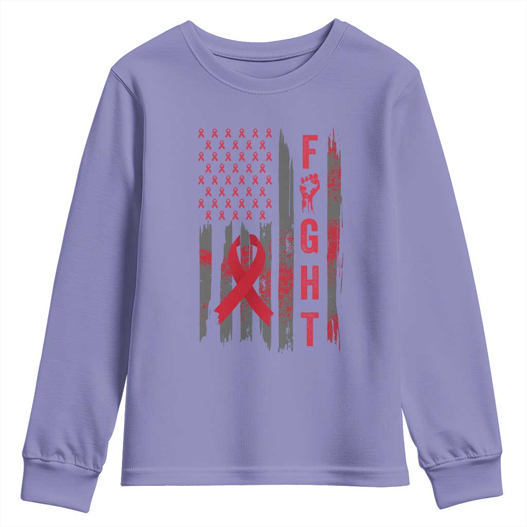 Fight For A Cure HIV AIDS Awareness Youth Sweatshirt Patriotic Red Ribbon Gift - Wonder Print Shop