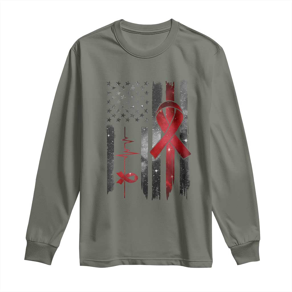 World AIDS Day Long Sleeve Shirt American Flag Red Ribbon Gift - Wonder Print Shop