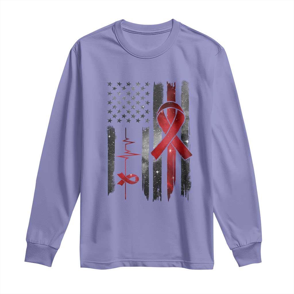 World AIDS Day Long Sleeve Shirt American Flag Red Ribbon Gift - Wonder Print Shop