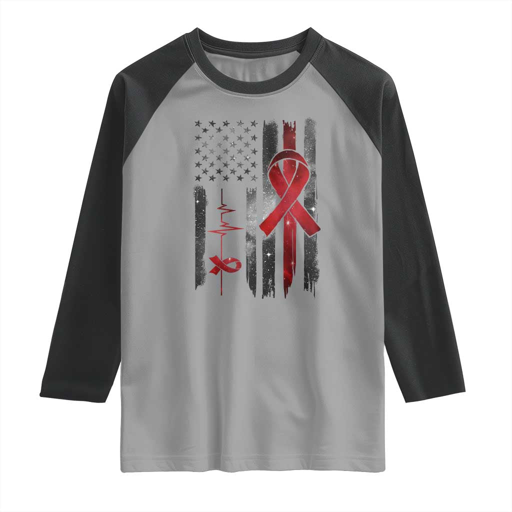 World AIDS Day Raglan Shirt American Flag Red Ribbon Gift - Wonder Print Shop