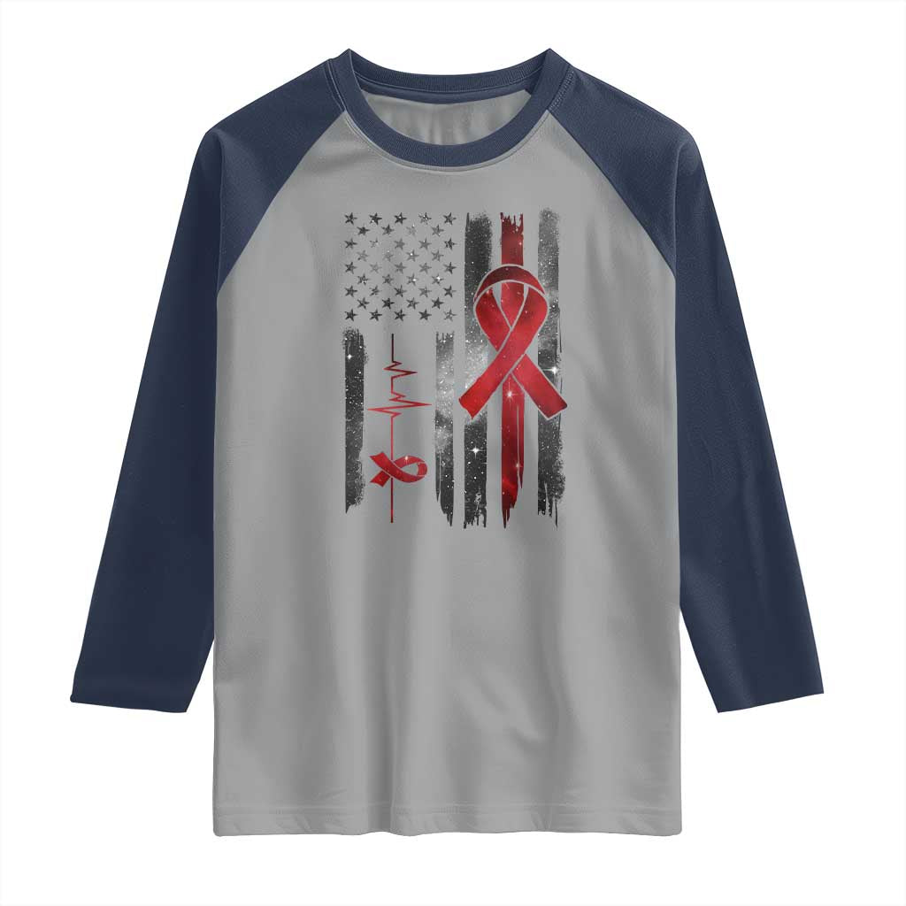 World AIDS Day Raglan Shirt American Flag Red Ribbon Gift - Wonder Print Shop