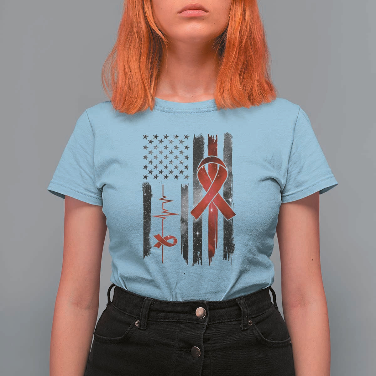 World AIDS Day T Shirt For Women American Flag Red Ribbon Gift - Wonder Print Shop
