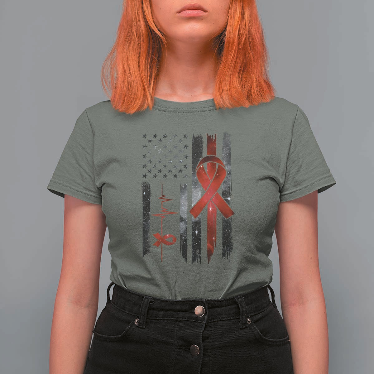 World AIDS Day T Shirt For Women American Flag Red Ribbon Gift - Wonder Print Shop