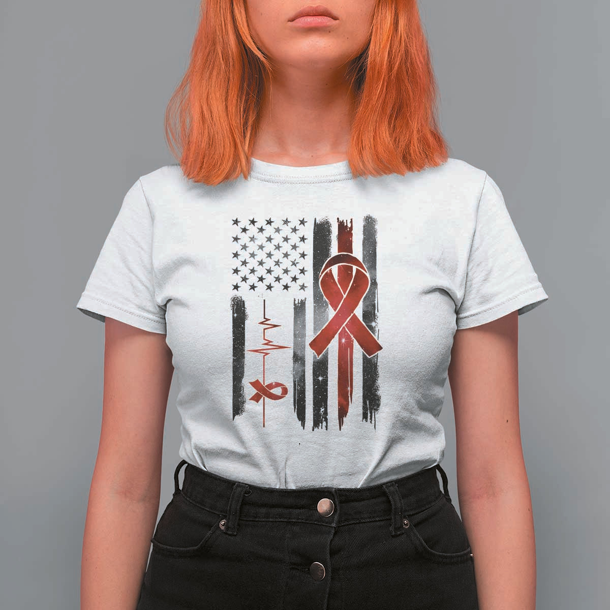 World AIDS Day T Shirt For Women American Flag Red Ribbon Gift - Wonder Print Shop
