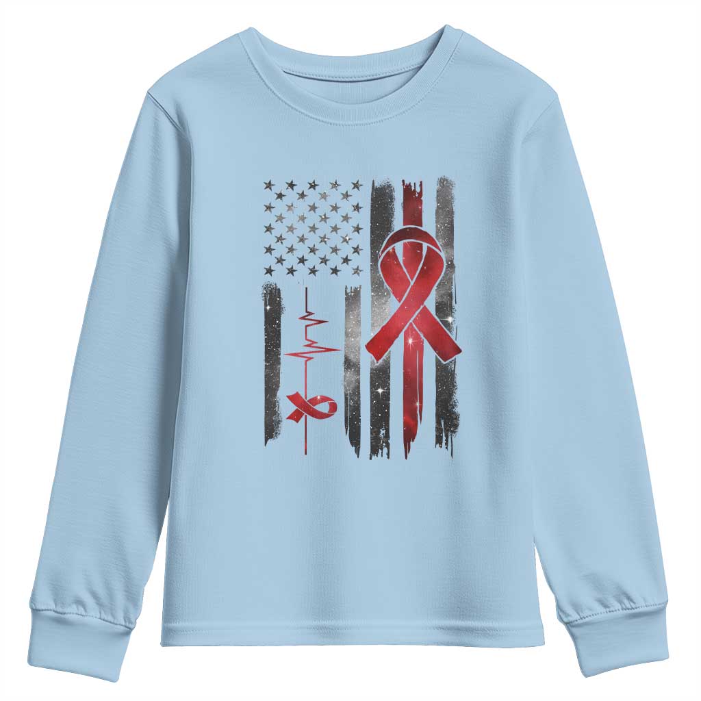 World AIDS Day Youth Sweatshirt American Flag Red Ribbon Gift - Wonder Print Shop