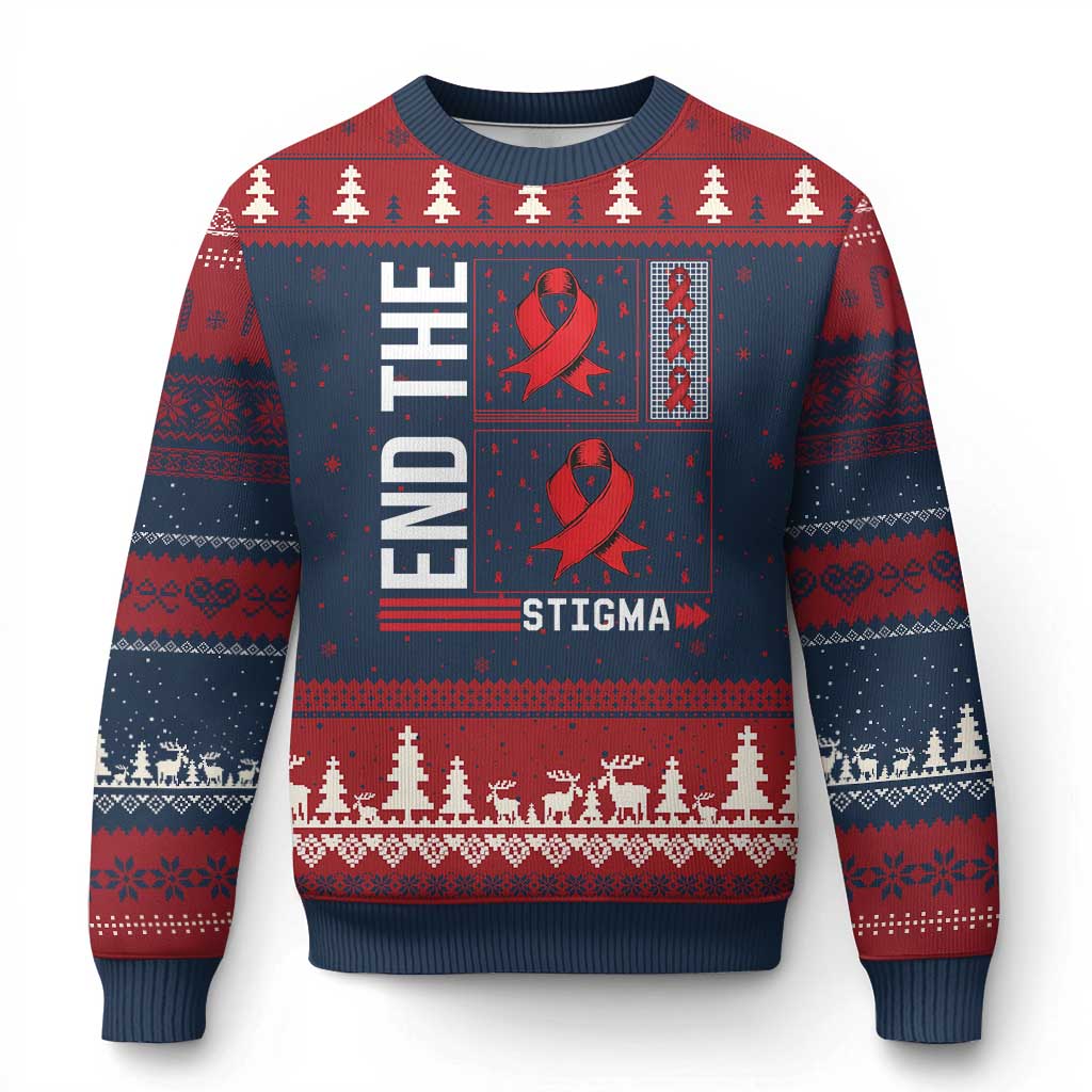 End The Stigma HIV Awareness Ugly Christmas Sweater Red Ribbon Gift - Wonder Print Shop