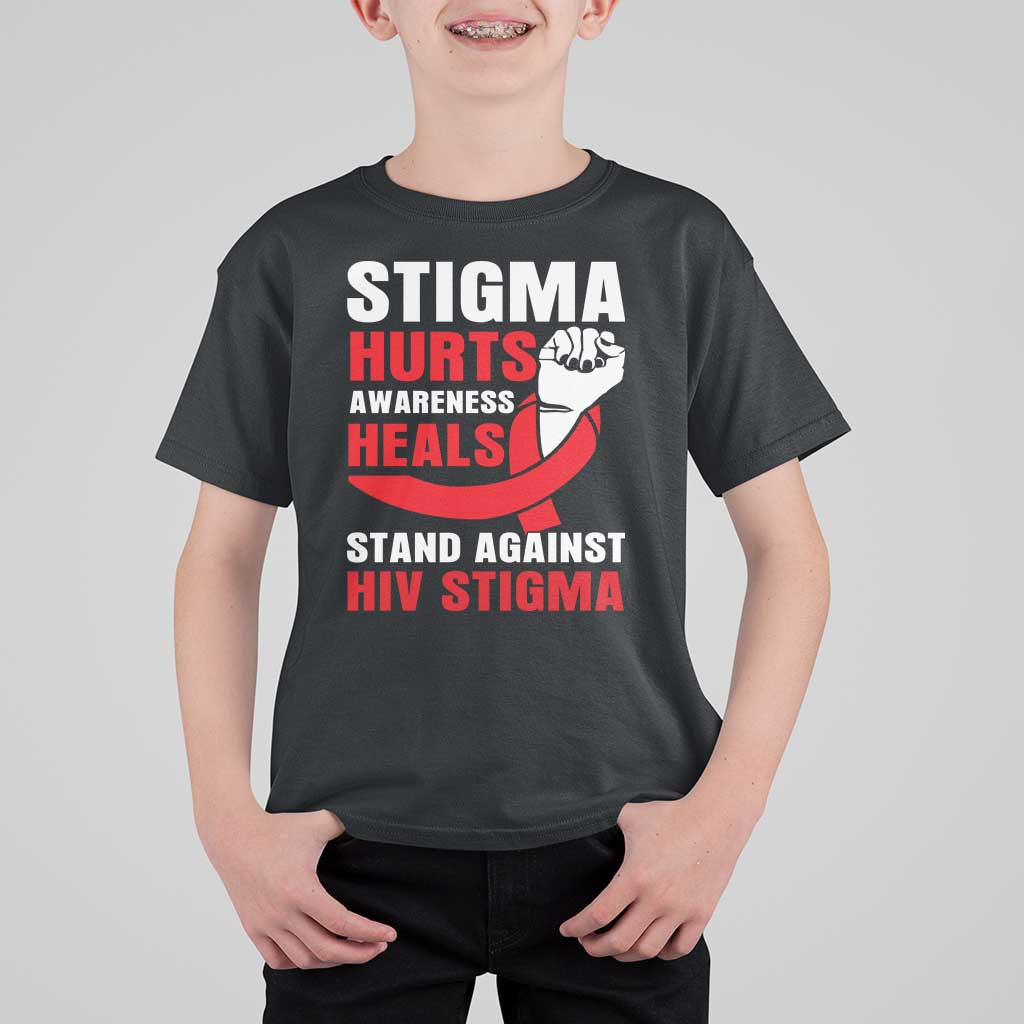 Stigma Hurts Awareness Heals T Shirt For Kid HIV Awareness Red Ribbon Support Gift - Wonder Print Shop