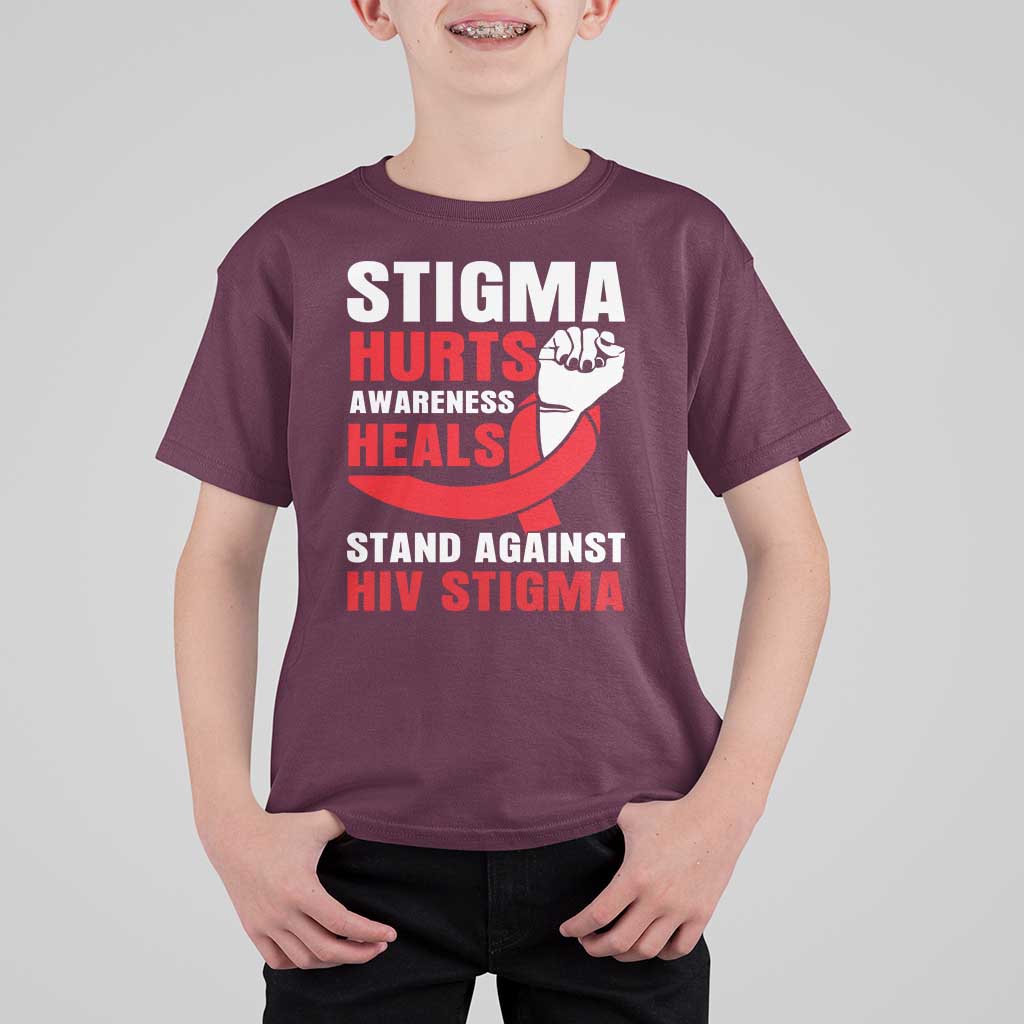 Stigma Hurts Awareness Heals T Shirt For Kid HIV Awareness Red Ribbon Support Gift - Wonder Print Shop