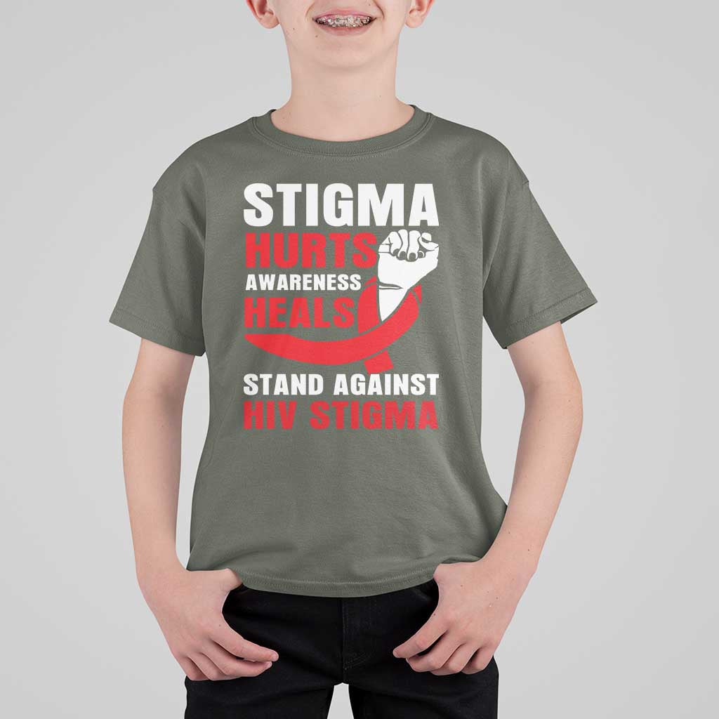 Stigma Hurts Awareness Heals T Shirt For Kid HIV Awareness Red Ribbon Support Gift - Wonder Print Shop