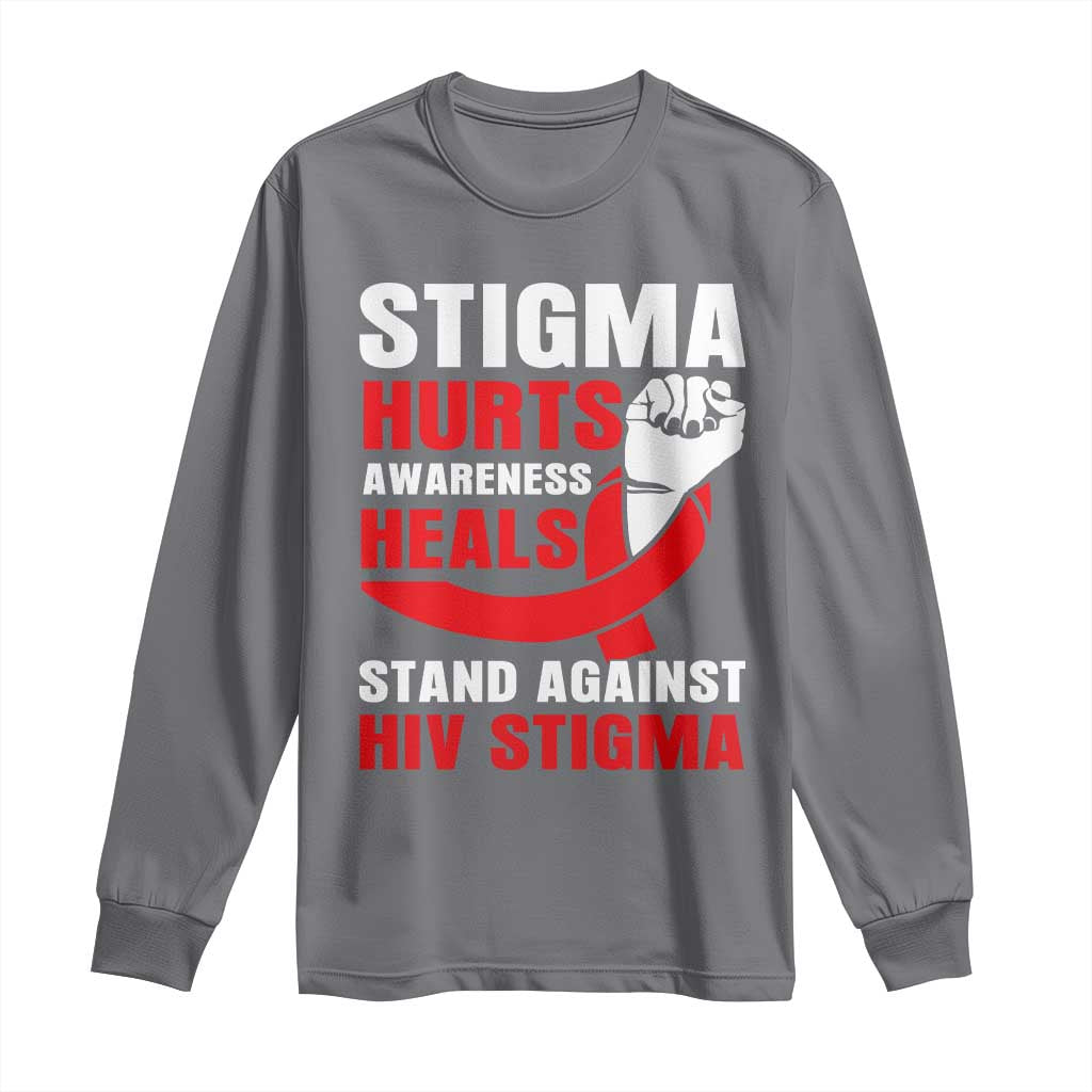 Stigma Hurts Awareness Heals Long Sleeve Shirt HIV Awareness Red Ribbon Support Gift - Wonder Print Shop