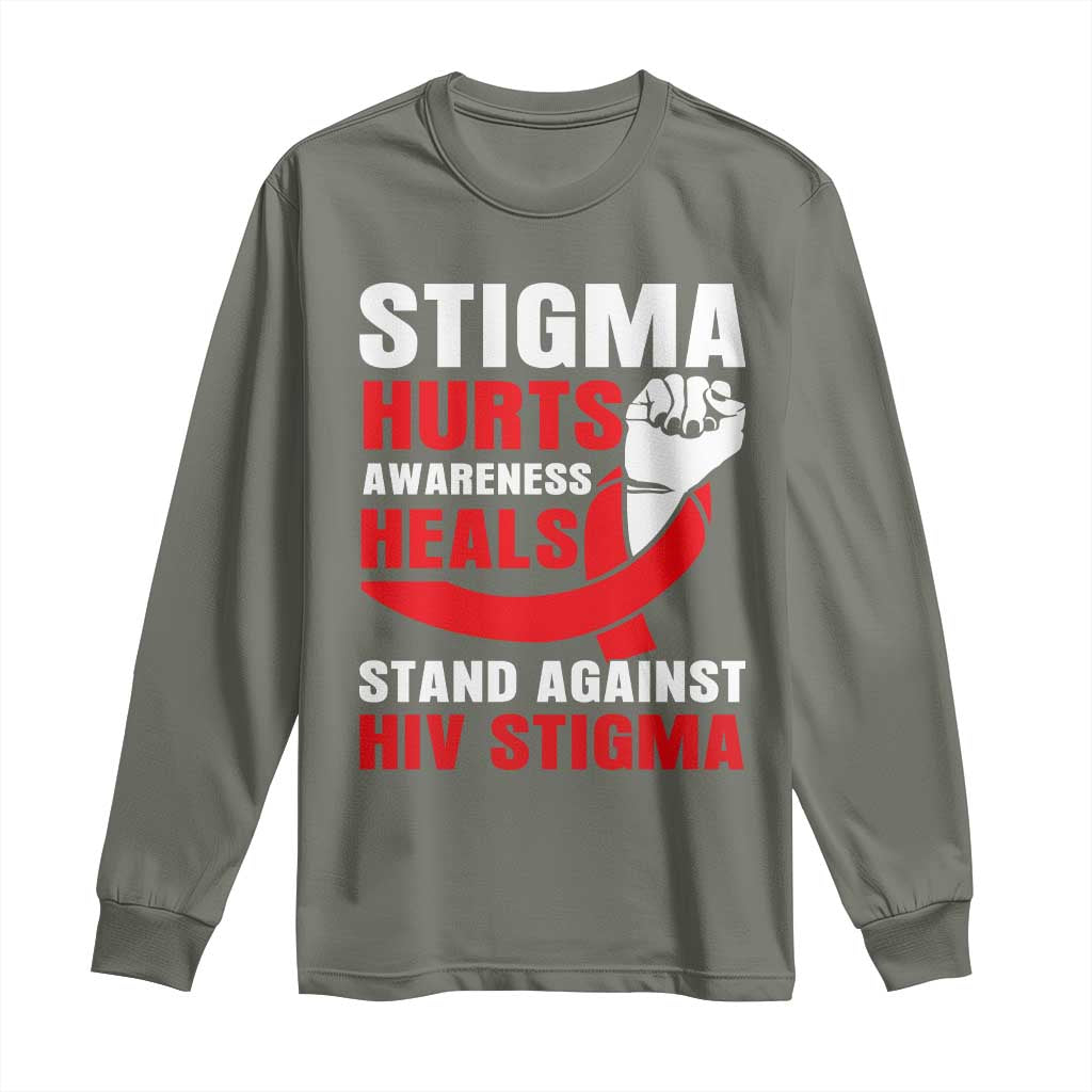 Stigma Hurts Awareness Heals Long Sleeve Shirt HIV Awareness Red Ribbon Support Gift - Wonder Print Shop
