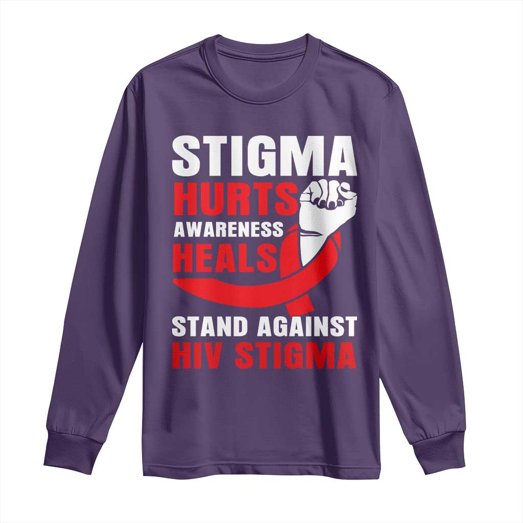 Stigma Hurts Awareness Heals Long Sleeve Shirt HIV Awareness Red Ribbon Support Gift - Wonder Print Shop