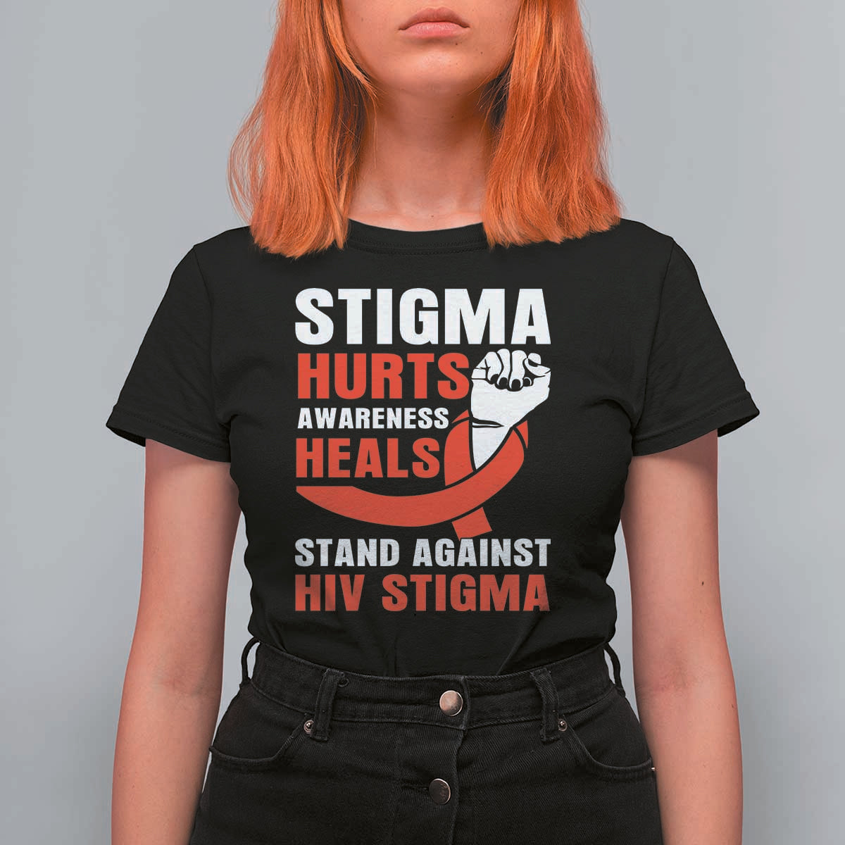 Stigma Hurts Awareness Heals T Shirt For Women HIV Awareness Red Ribbon Support Gift - Wonder Print Shop