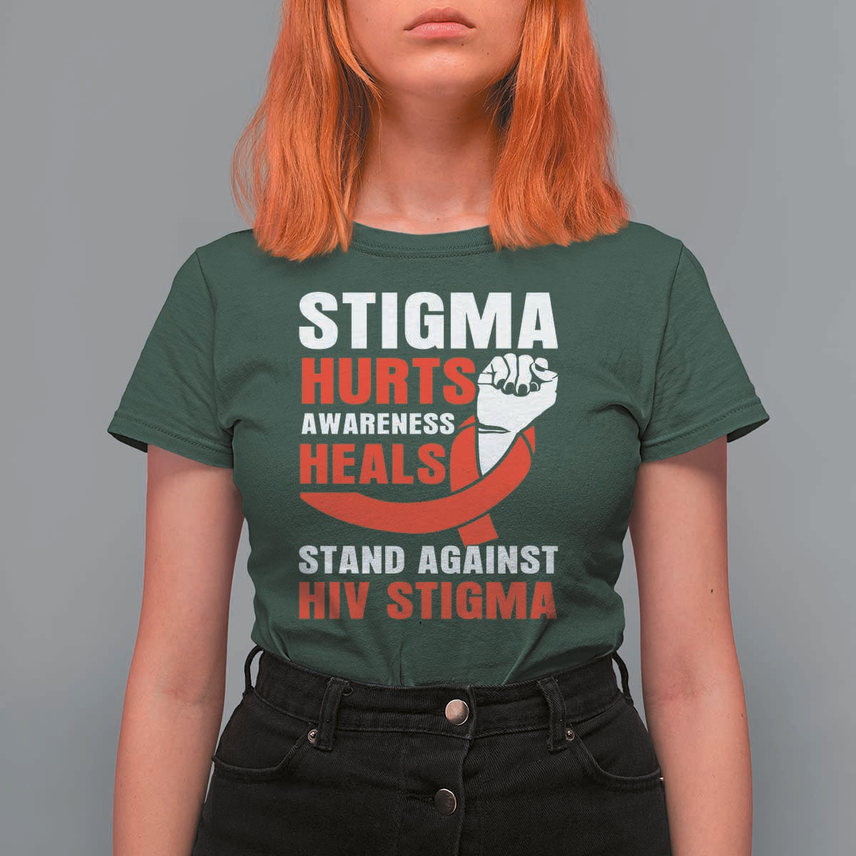 Stigma Hurts Awareness Heals T Shirt For Women HIV Awareness Red Ribbon Support Gift - Wonder Print Shop