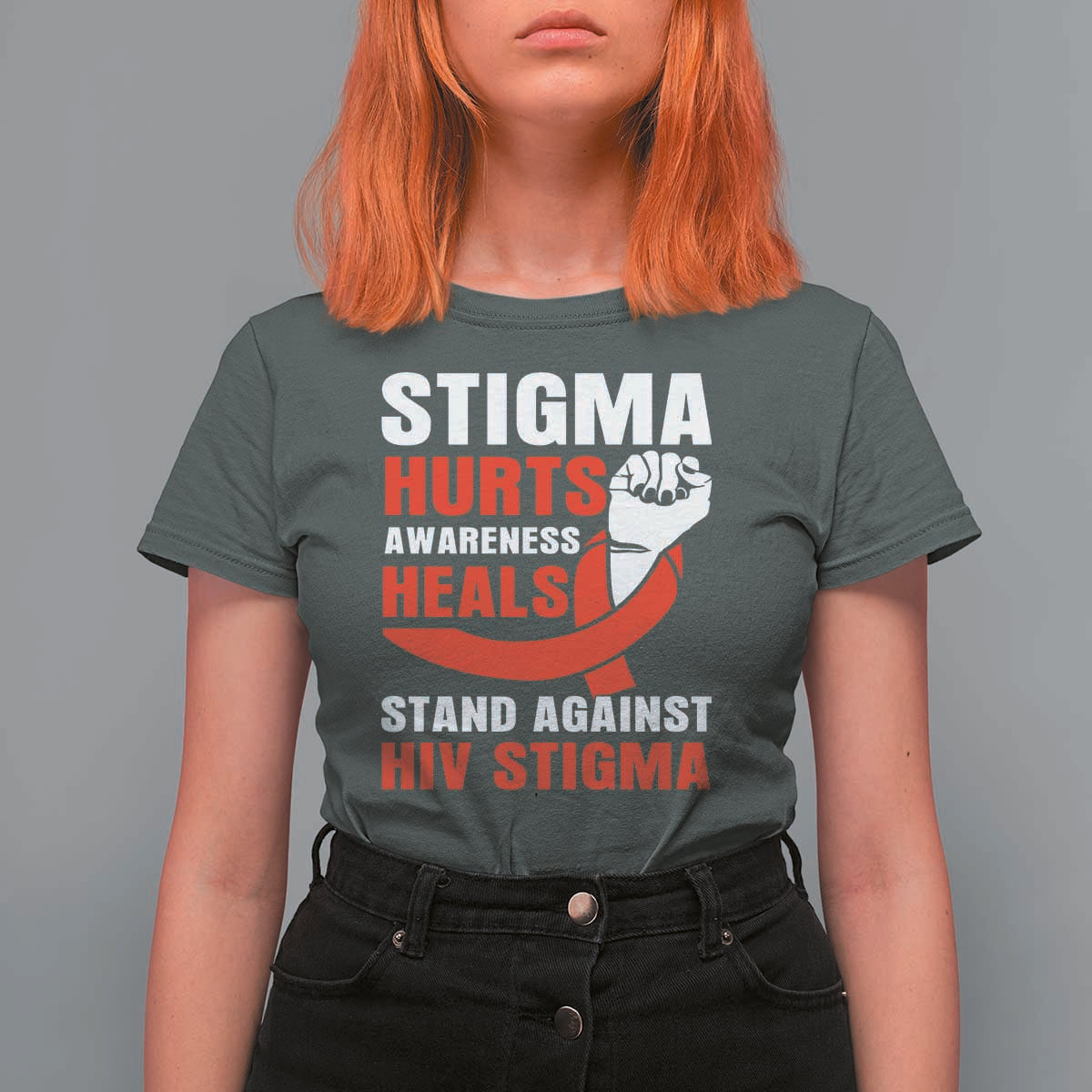 Stigma Hurts Awareness Heals T Shirt For Women HIV Awareness Red Ribbon Support Gift - Wonder Print Shop