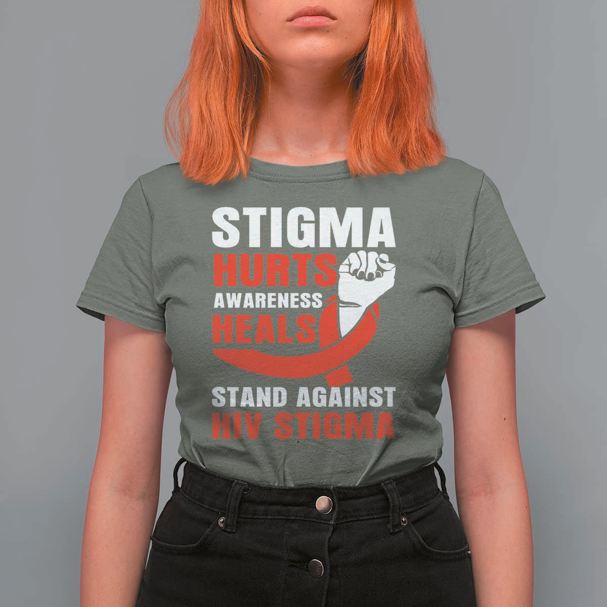 Stigma Hurts Awareness Heals T Shirt For Women HIV Awareness Red Ribbon Support Gift - Wonder Print Shop