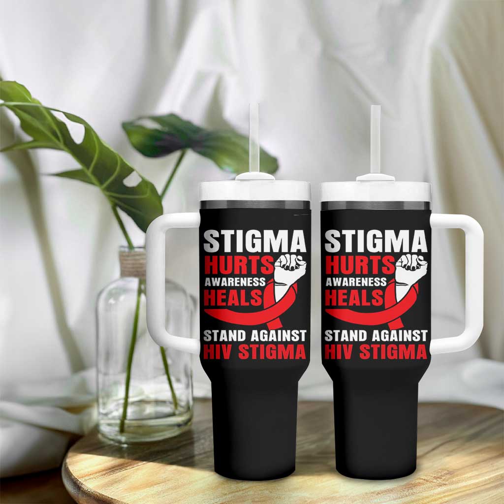 Stigma Hurts Awareness Heals Tumbler With Handle HIV Awareness Red Ribbon Support Gift - Wonder Print Shop