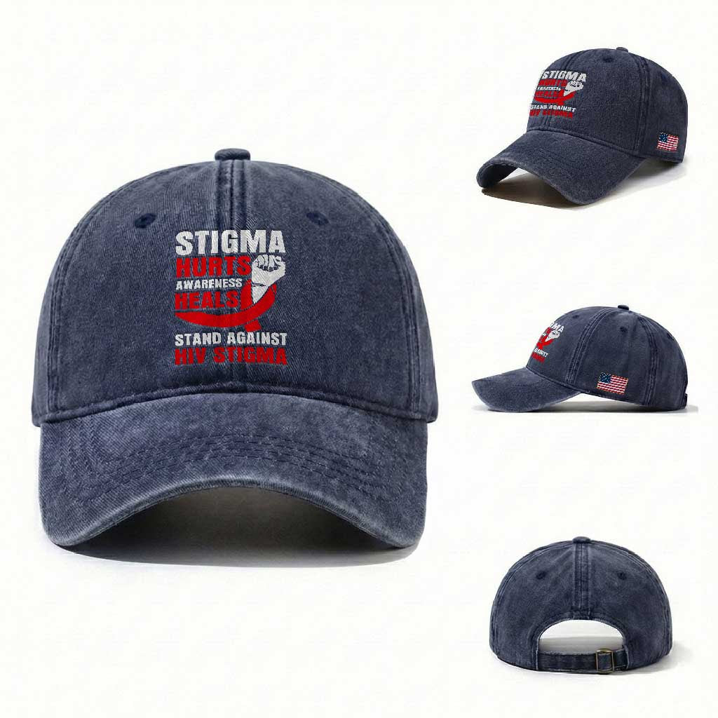 Stigma Hurts Awareness Heals Washed Cotton Baseball Cap HIV Awareness Red Ribbon Support Gift