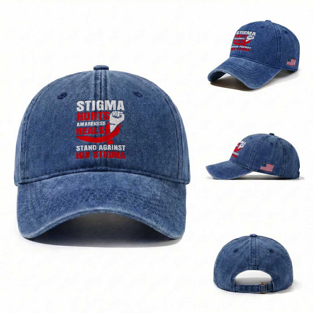 Stigma Hurts Awareness Heals Washed Cotton Baseball Cap HIV Awareness Red Ribbon Support Gift